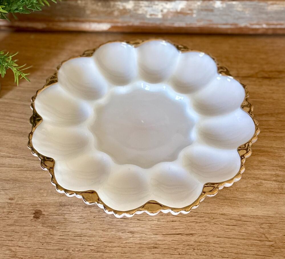 Fire-King Deviled Egg Plate | Vintage Milk Glass 22K Gold Trim Serving Platter